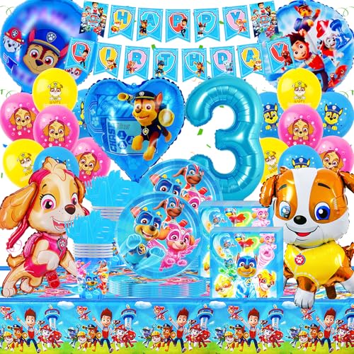 Gozuein Paw Patro Geburtstag Deko 3 Jahre, Hund Dog Geburtstagsdeko, 93 Stück Paw Patro Geschirr Geburtstag Partydekoration Junge mit Banner Ballon Pappteller Tischdecke Servietten Theme Party Set von Gozuein