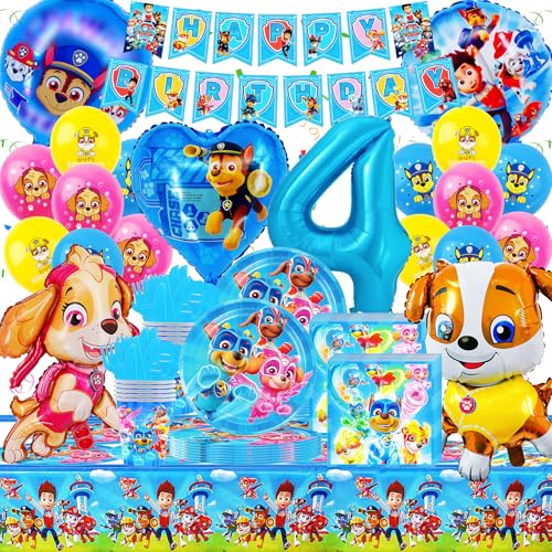 Gozuein Paw Patro Geburtstag Deko 4 Jahre, 93 Stück Paw Patro Geschirr Geburtstag Partydekoration Junge, Hund Dog Geburtstagsdeko mit Banner Ballon Pappteller Tischdecke Servietten Theme Party Set von Gozuein