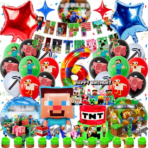 Miner Gamer Geburtstagsdeko Set 6 Jahre, Gozuein 42 Stück Geburtstags Luftballons Mottoparty Deko, 3D Helium Ballon Girlanden Folienballon Banner Geburtstagsfeier Mine-craf Thema Kit Mädchen Junge von Gozuein