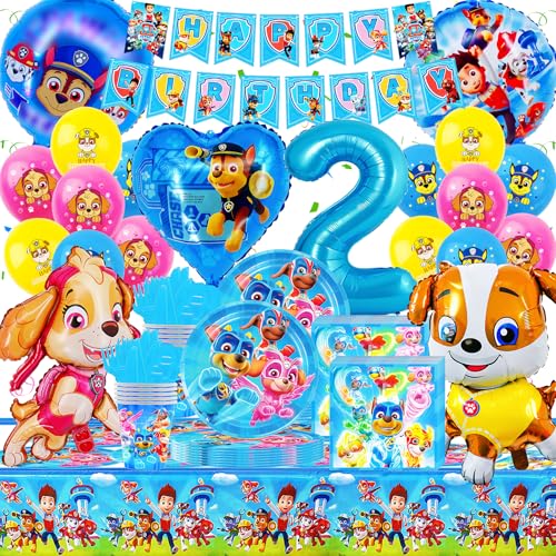 Paw Patro Geburtstag Deko 2 Jahre, Gozuein Hund Dog Geburtstagsdeko, 93 Stück Paw Patro Geschirr Geburtstag Partydekoration Junge mit Banner Ballon Pappteller Tischdecke Servietten Theme Party Set von Gozuein