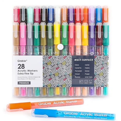 Grabie Acrylfarbstifte, extra feine Marker zum Malen verschiedener Oberflächen, 28 Farben, Premium-Kunstzubehör-Set von Grabie