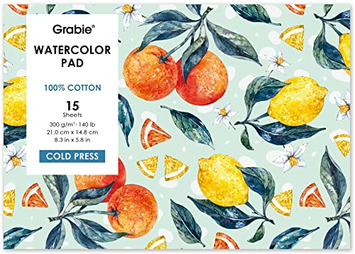 Grabie Aquarellpapierblock, 100% Baumwollzellstoff, 15 Blatt, A5 (21.1x14.7 cm), 63.5 kg (300 g/m²), kaltgepresstes Aquarellpapier, Kunstbedarf für Aquarelltechniken und Mixed Me Durchmesser von Grabie