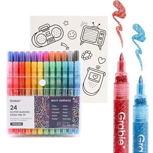 Grabie Glitzerstift mit 24 Farben, Glitzerstift, metallischer Schimmer, extra feine Spitze, Glitzer-Acrylfarben-Marker, schnell trocknende Tinte auf Wasserbasis, Glitzerstifte für Erwachsene, DIY von Grabie