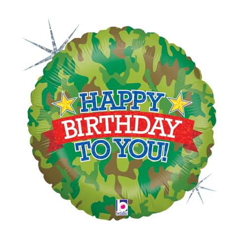 Happy Birthday Folienballon 46 cm im Camouflage-Design – Rund, holografisch und perfekt für Geburtstagsfeiern – Hochwertige Helium- und Luftdeko – Partyballon hergestellt in Italien von Grabo