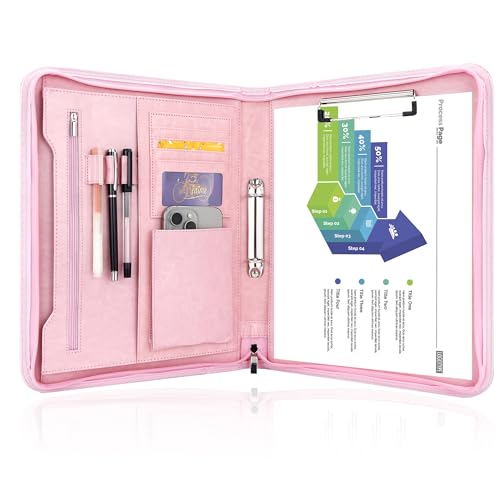 GraduatePro A4 Schreibmappe mit 2 Ringbuch Deckel Reißverschluss Leder Organizer Mappe Dokumentenmappe Rosa von GraduatePro