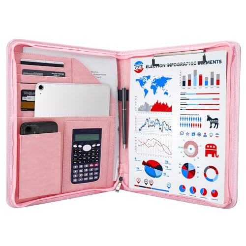 GraduatePro Klemmbrettmappe A4 mit Deckel Reißverschluss Leder Organizer Mappe Dokumentenmappe Ordner Clipboard Outdoor Rosa von GraduatePro