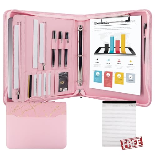 GraduatePro Schreibmappe A4 Leder Dokumentenmappe Business Tablet Mappe Ordner Klemmbrettmappe mit Deckel Organizer Reißverschluss Portfolio Rosa Marmor von GraduatePro