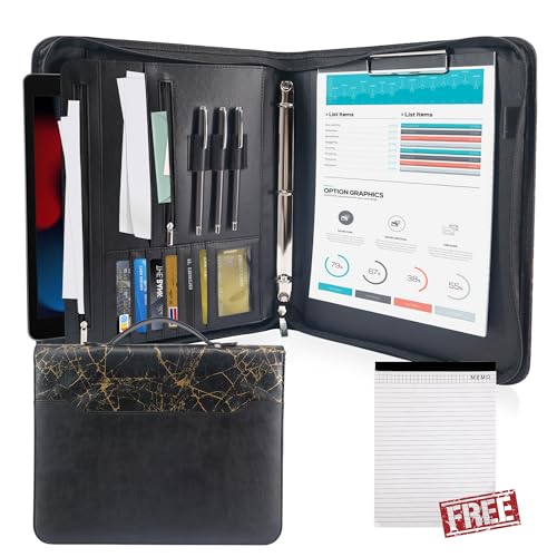 GraduatePro Schreibmappe A4 Leder Dokumentenmappe Business Tablet Mappe Ordner Klemmbrettmappe mit Deckel Organizer Reißverschluss Portfolio Schwarz Marmor von GraduatePro