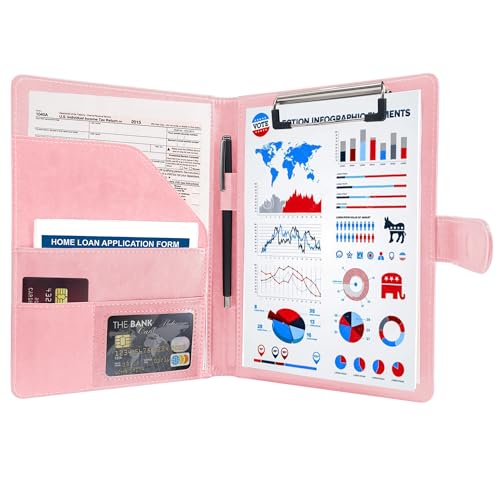 GraduationMall A5 Schreibmappe mit Klemmbrett Reise Portefeuille Magnet Verschluss PU Leder Tragbar Dokument Organisator Rosa von GraduationMall