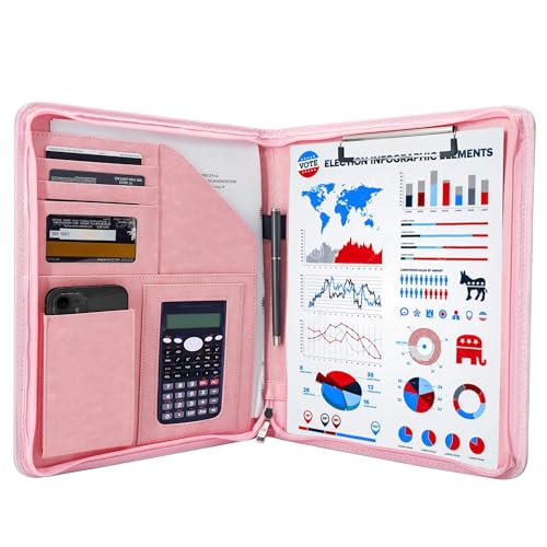 GraduationMall Schreibmappe A4 Reißverschluss, Klemmbrett Business Mappe Konferenzmappe, Dokumentenmappe Leder, Portfolio Padfolio Rosa von GraduationMall