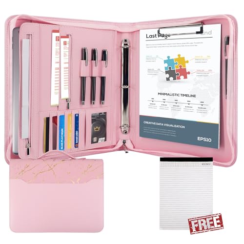 GraduationMall Schreibmappe A4 mit Ringbuch und Klemmbrett,Reißverschluss Portfolio Padfolio Business Mappe,Dokumentenmappe Organizer Pink von GraduationMall