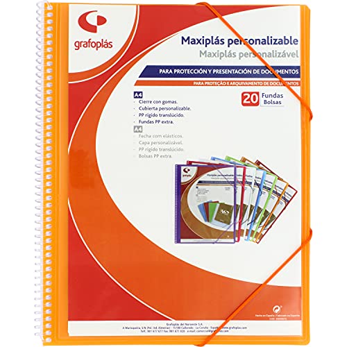 Grafoplás 39842052 Maxi-Plastik-Mappe mit Spiralbindung, 20 transparente Hüllen, Orange, 30,8 x 24 x 14 von Grafoplás