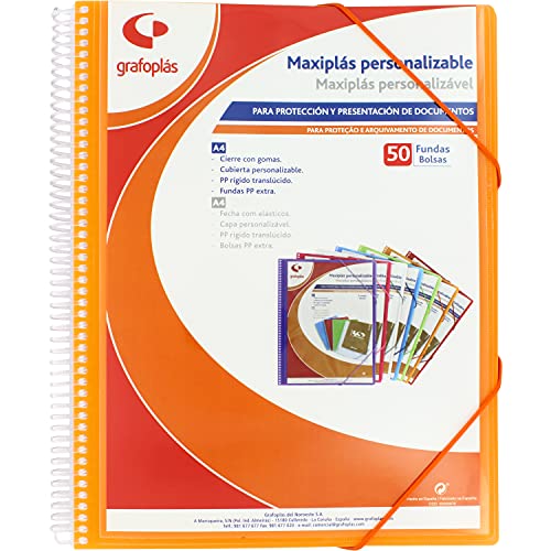 Grafoplás 39845052 Maxi-Plastik-Mappe mit Spiralbindung, 50 Hüllen, Orange, 30,8 x 24 x 22 cm von Grafoplás