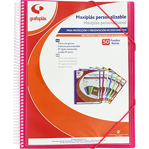 Grafoplás 39845054 Maxi-Plastik-Mappe mit Spiralbindung, 50 Hüllen, Rosa, 30,8 x 24 x 22 cm von Grafoplás