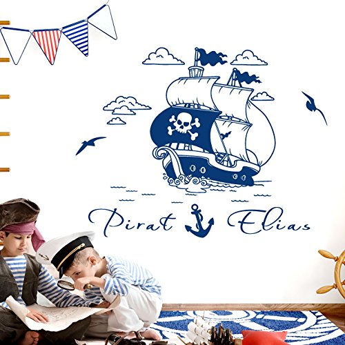 Grandora Wandtattoo Piratenschiff Anker + Wunschname I schwarz (BxH) 58 x 35 cm I Schiff Kinderzimmer Sticker Aufkleber Wandsticker Wandaufkleber Pirat W5505 von Grandora