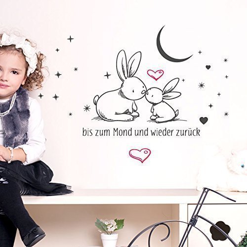 Grandora Wandtattoo Spruch bis zum Mond und Wieder zurück + Hasen I grasgrün (BxH) 58 x 55 cm I Kinderzimmer Sticker Aufkleber Wandaufkleber Wandsticker W5469 von Grandora