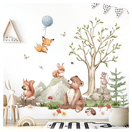 Grandora XXL Wandsticker Set Wandtattoo Kinderzimmer Waldtiere Wandaufkleber Bär Fuchs Baum Babyzimmer Deko Schlafzimmer DL797-5 von Grandora