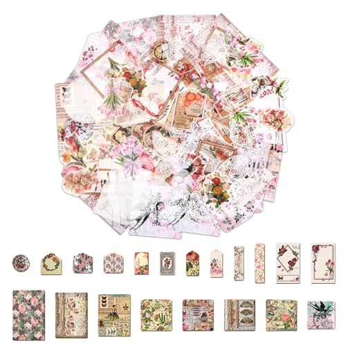 100 Stück Vintage Scrapbook Stickers, Retro Tagebuch Blumenpflanzen Aufkleber, DIY Kunst Selbstklebend Washi Scrapbooking Papier, Dekopapier Zubehör Set für Notizbücher und Karten von Granvoo