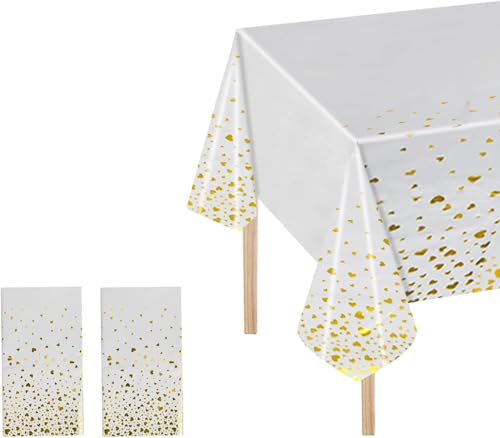 2 Pcs Tischdecke 137x274cm, Tischtuch Plastik Schwarz Weiß mit Gold Herz Konfetti, Party Tischschutz für Weihnachten Hochzeiten, Tischabdeckung Outdoor Wetterfest, Fleckschutz, Ölbeständig (Weiß) von Granvoo