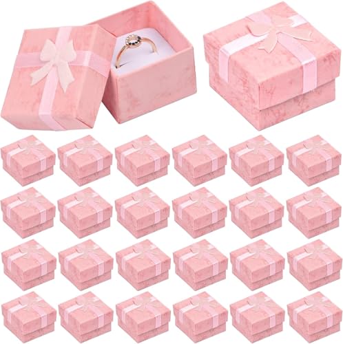 24 Pcs Geschenkschachtel, 4x4x3cm, Geschenkbox mit Deckel, Schmuckkästchen Pappe Klein, Schmuckschatulle mit Schleife, Ringbox für Anhänger, Halsketten Ringe Ohrringe Geschenkverpackung (Rosa) von Granvoo