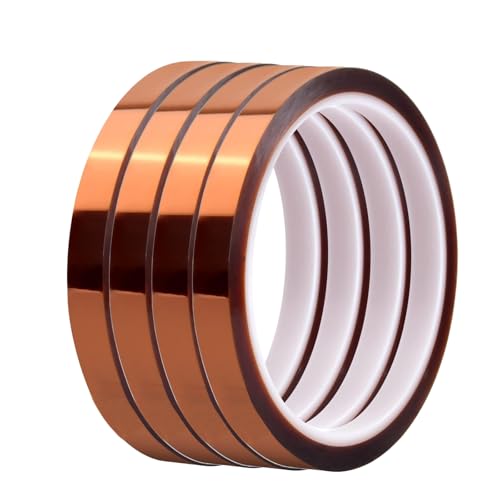 Granvoo 4 Rollen 10mm x 30m Hitzebeständiges Klebeband, Polyimid Kapton Tape Hohen Temperaturen Klebeband, Hochtemperatur Band, Hohe Temp Elektronik Isolierband für 3D-Drucken Sublimations Löten von Granvoo