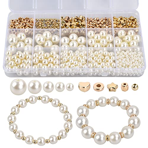 Granvoo 720 Stück Weiße Perlen zum Auffädeln,Lose Perlen mit Aufbewahrungsbox,4/6/8/10/12mm Perlen zum Auffädeln,Bastelperlen und Gold Abstandsperlen,für Halsketten,Armbänder,Schmuckherstellung von Granvoo