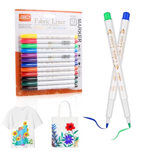 Textile Fabric Paint Markers, 12 Farben Bastel Farbstifte, Craft Paint Pens, Bemalen Stoff Basteln Stifte, Permanente Stoff Marker, Stoff Farbmarker, Textil Stoffmarker für T-Shirts Stofftaschen von Granvoo