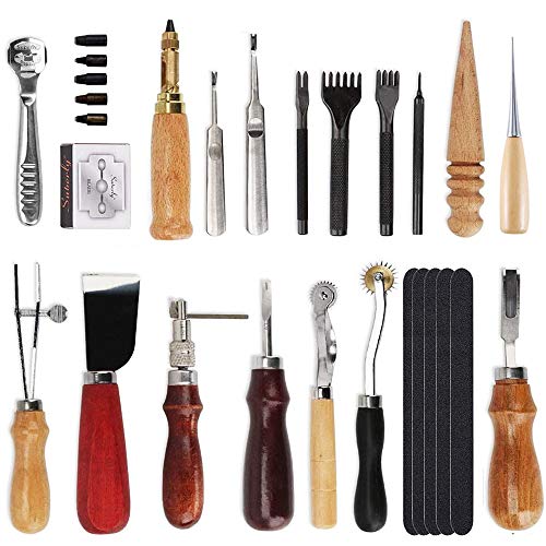 18 Stück Leder Carft Punch Tools Kit Nähen Schnitzen Arbeiten Nähen Sattel Groover Leder Craft Diy Tool ， Perfekt zum Nähen Stanzen Schneiden Nähen Leder Craft Making von Grasomtools