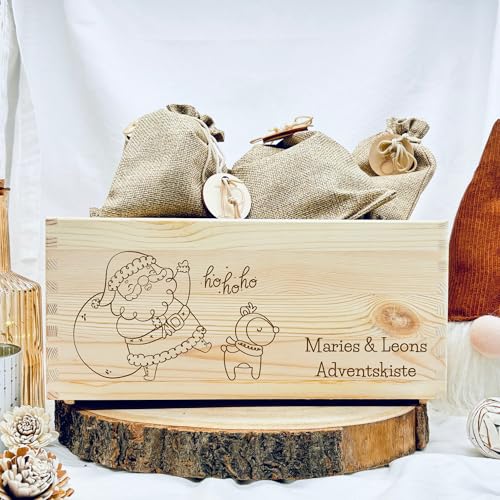 Personalisierte Adventskiste Adventskalender aus Holz zum befüllen für Kinder Weihnachtskalender aus Holz mit Jutesäckchen und Holzzahlen Set Adventskiste mit Tiermotiven Adventsdeko aus Holz von Gravello