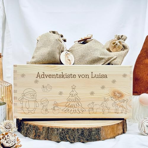 Personalisierter Adventskalender aus Holz Adventskiste zum befüllen für Kinder Weihnachtskalender aus Holz mit Jutesäckchen und Holzzahlen Set Adventskiste mit Tiermotiven Adventsdeko Holz Waldtiere von Gravello