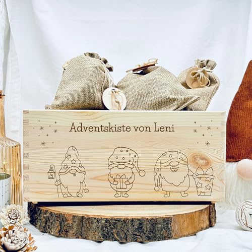 Personalisierter Adventskalender zum befüllen für Kinder aus Holz Adventskiste mit Säckchen und Holzzahlen Adventskalender aus Holz mit Jutebeuteln und Holzzahlen Wichtel Weihnachten von Gravello