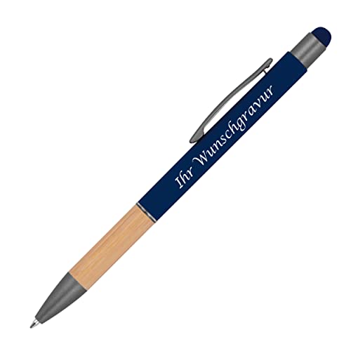 Touchpen Kugelschreiber mit Griffzone aus Bambus mit Gravur / Farbe: dunkelblau von Gravur by Livepac Office