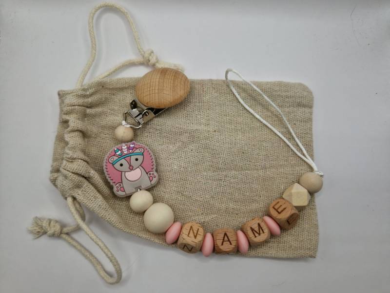 Schnullerkette Mit Name Rosa Grau | Boho Igel Babygeschenk Geschenk Zur Geburt Holz Silikon |Holzperlen| Mädchen Baby von GravurHandwerk