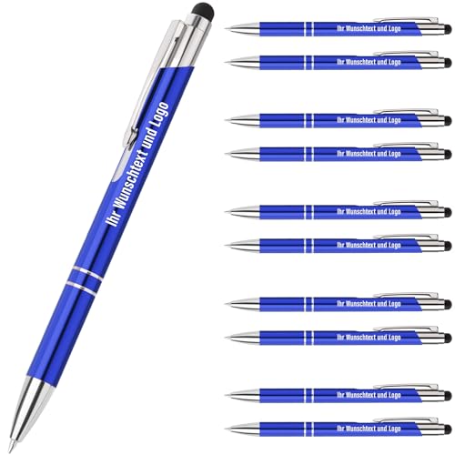 Gravurmaster 10 Stück Kugelschreiber mit Touchpen personalisierter Kugelschreiber mit Gravur Druckkugelschreiber Set, Druckkugelschreiber mit Wunschtext & Logo, Für Business, Büro, Schule unw. von Gravurmaster