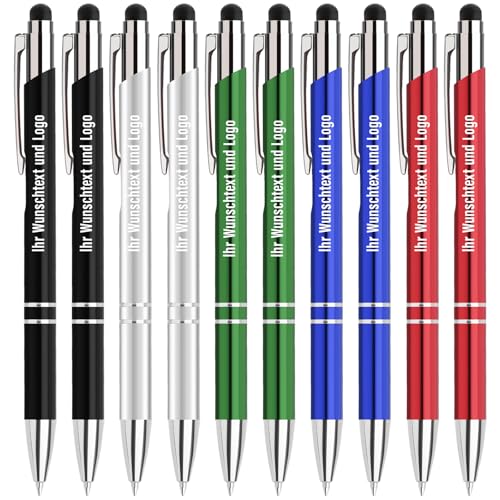 Gravurmaster 10 Stück Kugelschreiber mit Touchpen personalisierter Kugelschreiber mit Gravur Druckkugelschreiber Set, Druckkugelschreiber mit Wunschtext & Logo, Ideal für Business und Büro von Gravurmaster