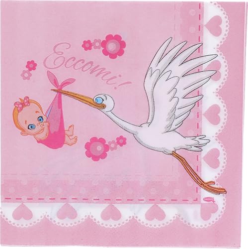 Graziano, Papierservietten zur Geburt, Rosa, Packung mit 20 Servietten, Format 33 x 33 cm, Süßigkeiten-Buffet Party von Graziano