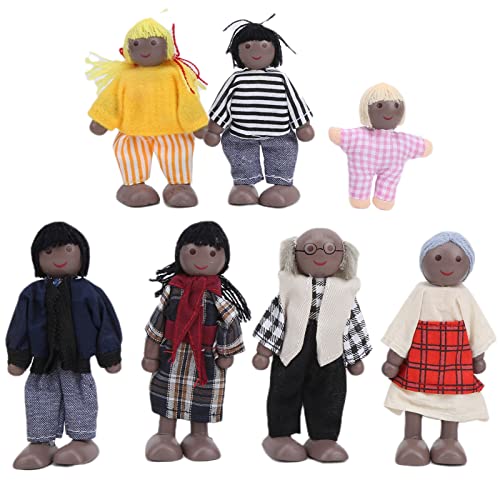 Grcfumo Familienpuppenfiguren, Miniatur-Menschenspielzeug, Mini-Menschenfiguren, Puppenhauspuppen aus Kiefernholz, Figurenzubehör für pädagogische Puppenhausdekoration (7 Black Puppets) von Grcfumo