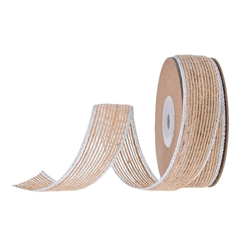 GreatRise 10 Yard Weihnachten Juteband Klassical Jute Geschenkband Sackleinen Schnur Rolle Vintage Dekoband Bastelband für DIY Handwerk Verpackung Hochzeit Blumenstrauß Deko 25mm-Silberne Umrandung von GreatRise