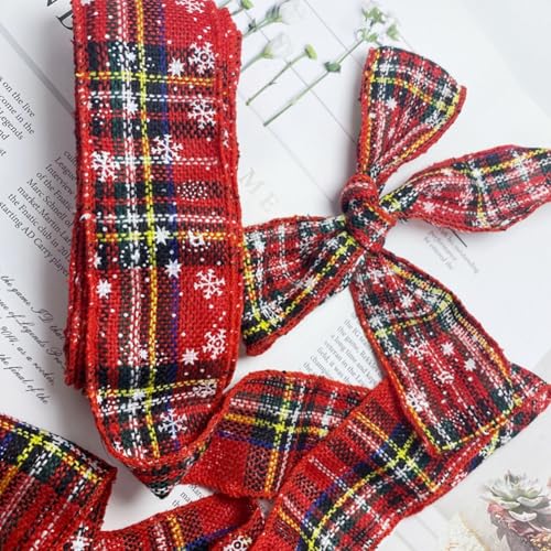 GreatRise 10 Yard x 4.5cm Kariertes Juteband Weihnachts Sackleinen Band Leinenband mit Schneeflocken Muster Geschenkband Dekoband Bastelband für DIY Handwerk Geschenk Verpackung Deko Rot & Gelb von GreatRise