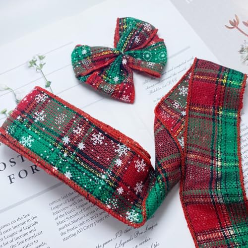 GreatRise 10 Yard x 4.5cm Kariertes Juteband Weihnachts Sackleinen Band Leinenband mit Schneeflocken Muster Geschenkband Dekoband Bastelband für DIY Handwerk Geschenk Verpackung Deko Rot & Grün von GreatRise