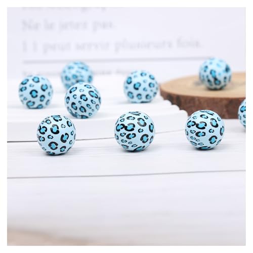 GreatRise 16mm Runde Holzperlen Leopard Bedruckte Lose Perlen Bauernhaus-Perlen mit Löchern Perlen mit Leopardenmuster Naturholzperle für Schmuckherstellung DIY Bastel Blauer Leopard 16mm*100Stück von GreatRise