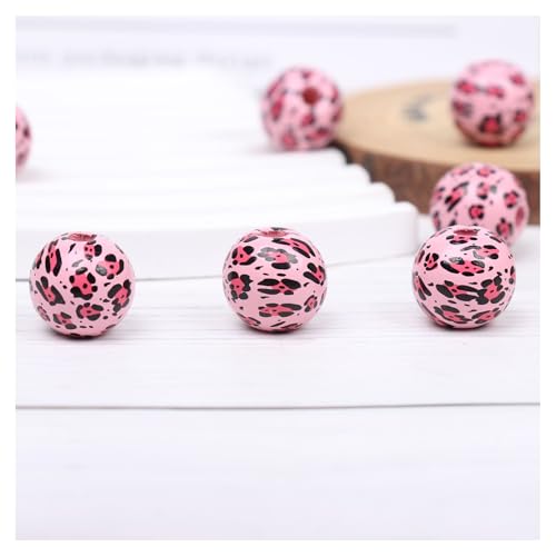 GreatRise 16mm Runde Holzperlen Leopard Bedruckte Lose Perlen Bauernhaus-Perlen mit Löchern Perlen mit Leopardenmuster Naturholzperle für Schmuckherstellung DIY Bastel Rosa Leopard 16mm*100Stück von GreatRise