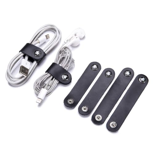 GreatRise 4 Stück Leder Kabelbinder Tragbare Kabelhalter Set Wiederverwendbare Kopfhörer Kabelbinder USB-Kabel Lederband Kabelclips Kabelmanagement für Reise, Zuhause, Schule Und Arbeit Schwarz von GreatRise