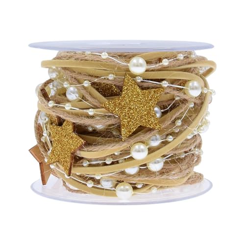 GreatRise 5 Meter/Rollen Weihnachtsbänder mit Perlen und Glitter Gold Sterne Geschenkband Dekoband Juteband Perlenband Perlenkette Hochzeit Deko Geschenkverpackung Blumenstrauß Dekoration Bastelband von GreatRise