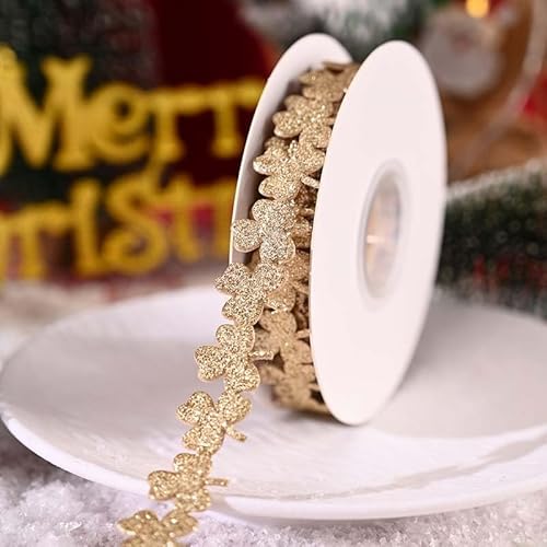 GreatRise 5 Yard Glitzerband Weihnachten, Kleeblatt Dekoband Geschenkband Schleifenband Bastelnband für Handwerk Weihnachten Party Hängende Dekoration Geschenkverpackung Gold 1 Rolle von GreatRise