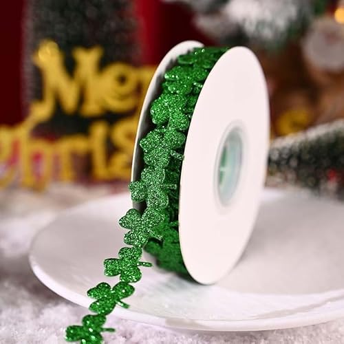 GreatRise 5 Yard Glitzerband Weihnachten, Kleeblatt Dekoband Geschenkband Schleifenband Bastelnband für Handwerk Weihnachten Party Hängende Dekoration Geschenkverpackung Grün 1 Rolle von GreatRise