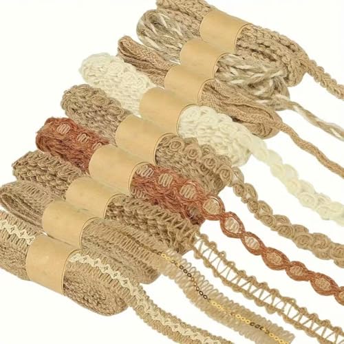 GreatRise 9er Set Jute Geschenkband Natur Juteband Jute-Schnur Sackleinen Bastelband Decoband zum Basteln Jute Band für DIY Handwerk, Geschenk, Weihnachten, Hochzeit Deko, 2 Meter/Rolle von GreatRise