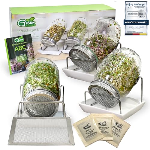 Green SEEDS® [Das Original Sprossenglas 3er Set + KRESSESIEB + 3 x Bio-Saatgut | 1000ml mit hochwertigem Edelstahl-Gitterdeckel, Ständer, Keramikschale + Sprossen-ABC [Druckversion] Keimglas von Green SEEDS