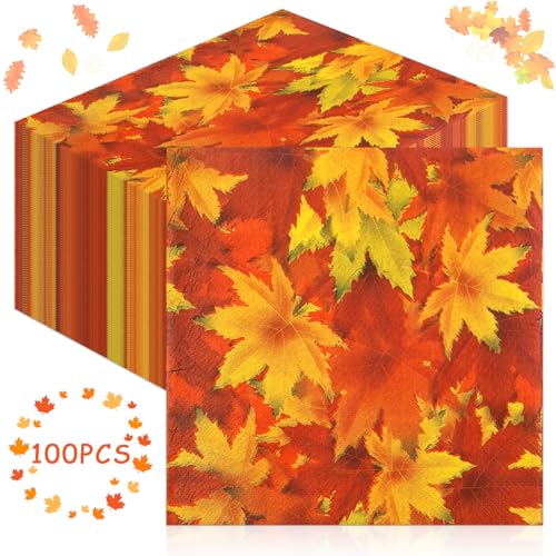 GreenYeah 100PCS Servietten Herbst, Servietten Herbstmotiv, Servietten Herbstlich, Servietten Herbstblätter, Maple Leaves Herbstservietten, Thanksgiving Tischdeko Servietten 33x33CM von GreenYeah