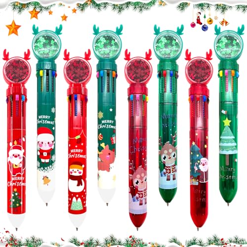 GreenYeah 8 Stück Weihnachten Kugelschreiber, 10-in-1 Weihnachts-Kugelschreiber, Druckkugelschreiber, Mehrfarbiger Einziehbarer Shuttle Stift, Kugelschreiber Weihnachten für Studenten Kinder Geschenke von GreenYeah